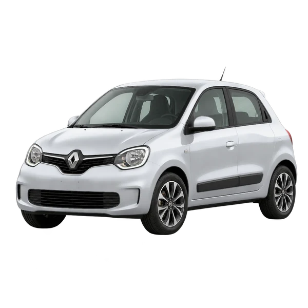 Renault Twingo 2023 باللون فضي، منظر منظر أمامي بزاوية ثلاثة أرباع (متجه لليسار)