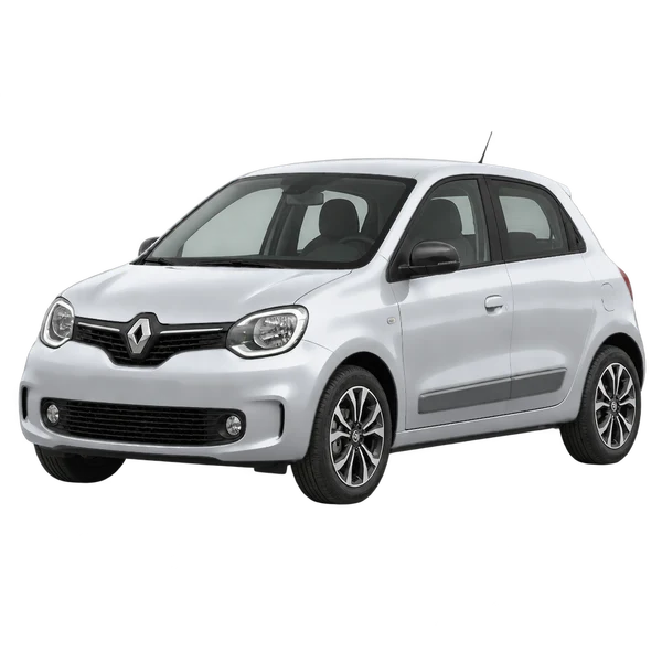 Renault Twingo 2025 باللون فضي، منظر منظر أمامي بزاوية ثلاثة أرباع (متجه لليسار)