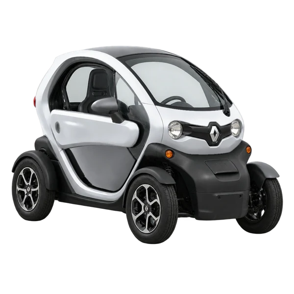 Renault Twizy 2018 باللون فضي، منظر منظر أمامي بزاوية ثلاثة أرباع (متجه لليسار)