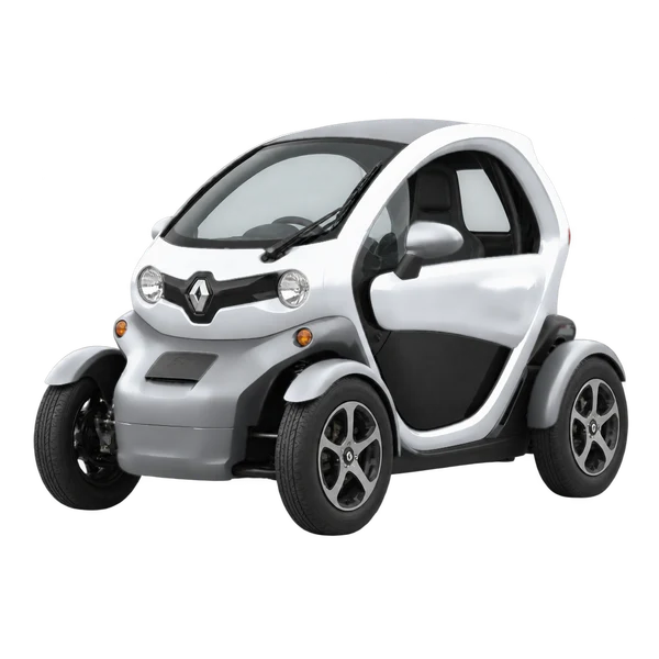 Renault Twizy 2021 باللون فضي، منظر منظر أمامي بزاوية ثلاثة أرباع (متجه لليسار)