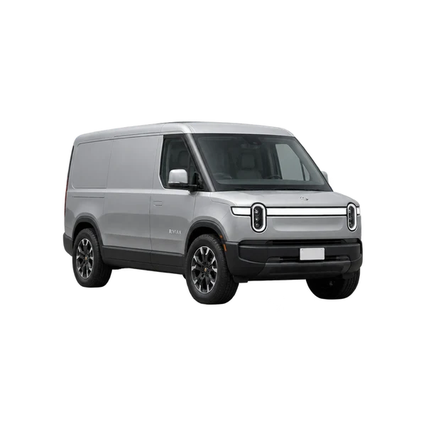 Rivian EDV 2025 argent, vue trois-quarts avant (orienté vers la gauche)