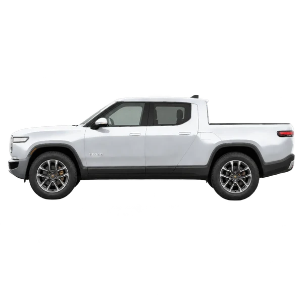 Rivian R1T 2027 باللون فضي، منظر جانبي (متجه إلى اليسار)