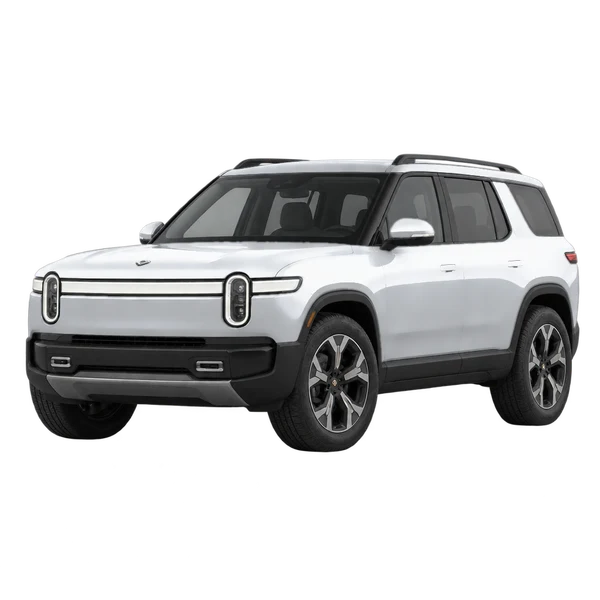 Rivian R2 2027 argent, vue trois-quarts avant (orienté vers la gauche)