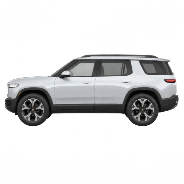 Rivian R2 2027 prata, vista lateral (voltada para a esquerda)