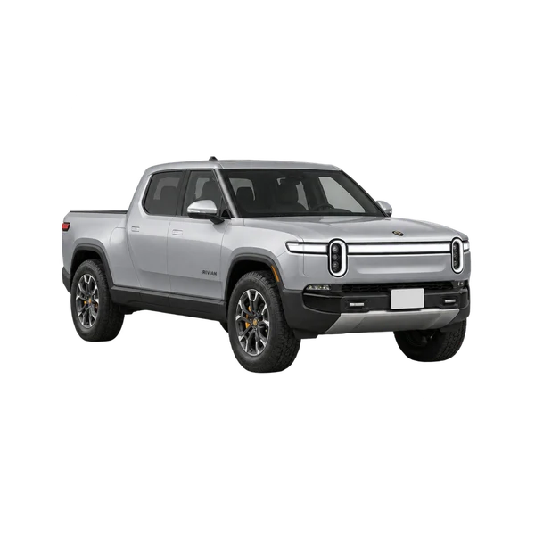 Rivian RCV 2025 argent, vue trois-quarts avant (orienté vers la gauche)