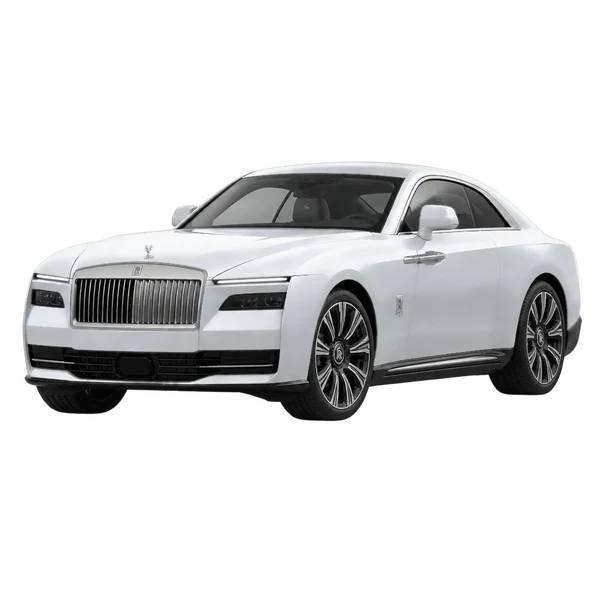 Rolls-Royce Spectre 2024 باللون فضي، منظر منظر أمامي بزاوية ثلاثة أرباع (متجه لليسار)