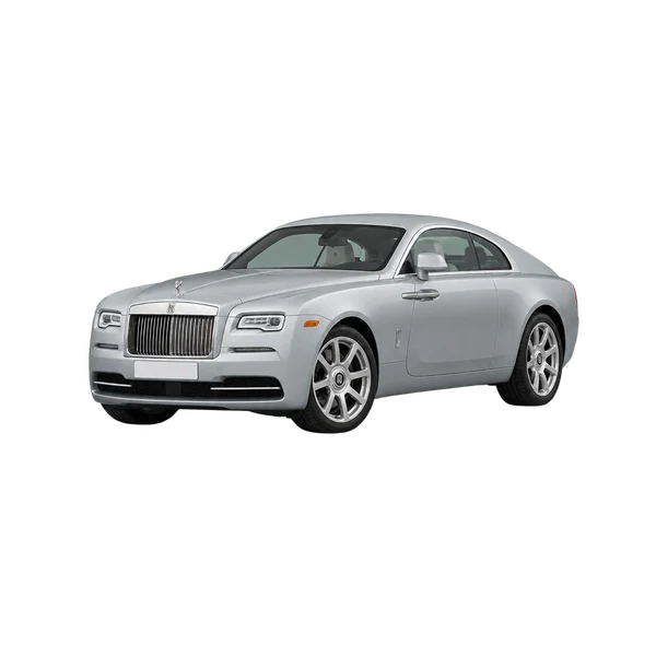 Rolls-Royce Wraith 2014 باللون فضي، منظر منظر أمامي بزاوية ثلاثة أرباع (متجه لليسار)