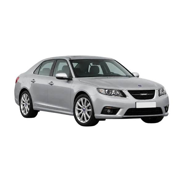 Saab 9-5 2021 باللون فضي، منظر منظر أمامي بزاوية ثلاثة أرباع (متجه لليسار)