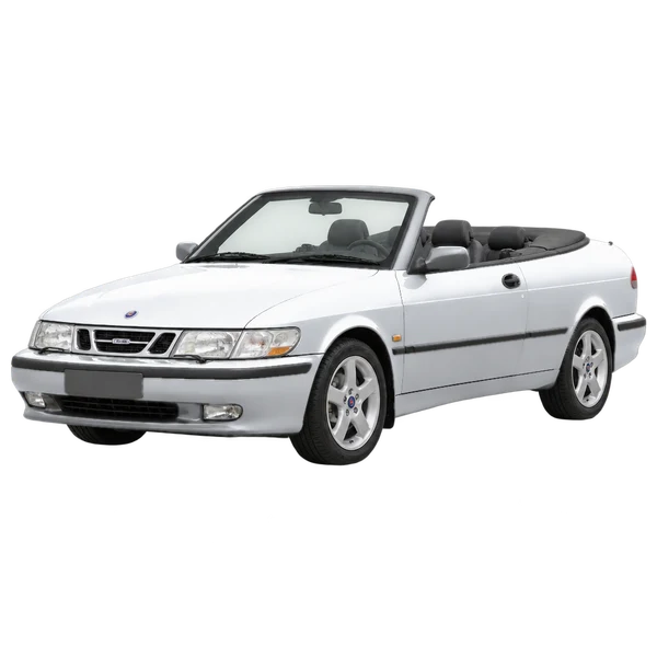 Saab 900 Cabriolet 1996 prata, vista dianteira em três quartos (voltada para a esquerda)