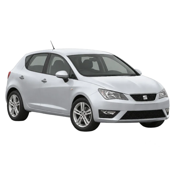 SEAT Ibiza 2014 باللون فضي، منظر منظر أمامي بزاوية ثلاثة أرباع (متجه لليسار)