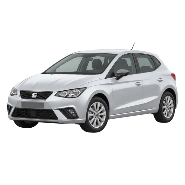 SEAT Ibiza 2021 باللون فضي، منظر منظر أمامي بزاوية ثلاثة أرباع (متجه لليسار)