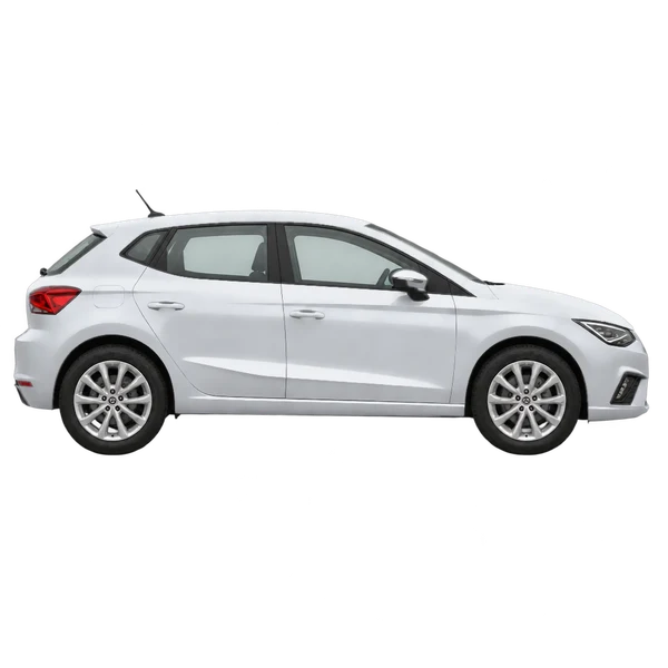 SEAT Ibiza 2025 باللون فضي، منظر منظر جانبي (باتجاه اليمين)