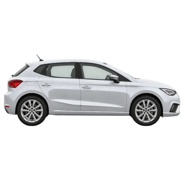 SEAT Ibiza 2026 باللون فضي، منظر منظر جانبي (باتجاه اليمين)