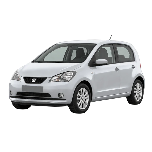 SEAT MII 2020 باللون فضي، منظر منظر أمامي بزاوية ثلاثة أرباع (متجه لليسار)