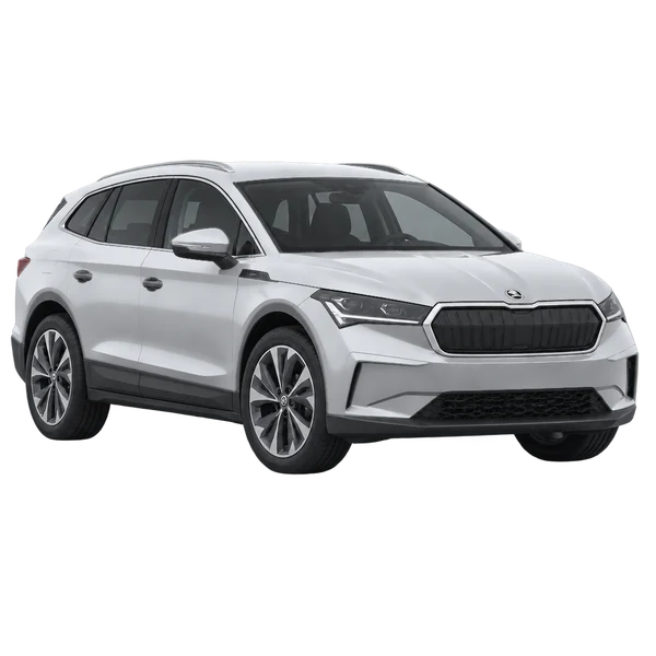 Skoda Enyaq 2021 باللون فضي، منظر منظر أمامي بزاوية ثلاثة أرباع (متجه لليسار)