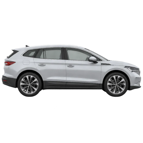 Skoda Enyaq 2021 باللون فضي، منظر منظر جانبي (باتجاه اليمين)