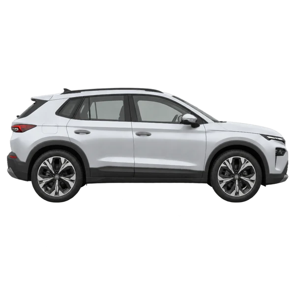 Skoda Epiq 2026 باللون فضي، منظر منظر جانبي (باتجاه اليمين)