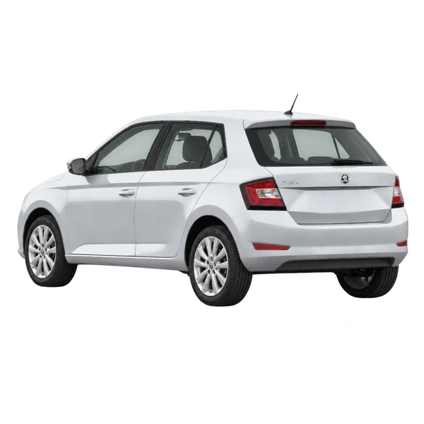 2021 Skoda Fabia in Silber, Ansicht: Dreiviertelansicht von hinten (nach links gerichtet)