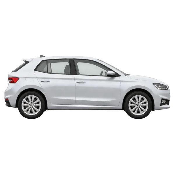 Skoda Fabia 2025 en plateado, vista lateral (hacia la derecha)