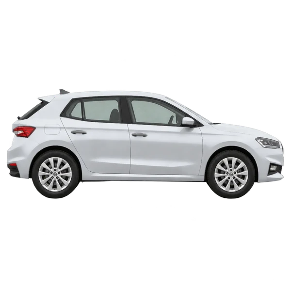 Skoda Fabia 2026 en plateado, vista lateral (hacia la derecha)