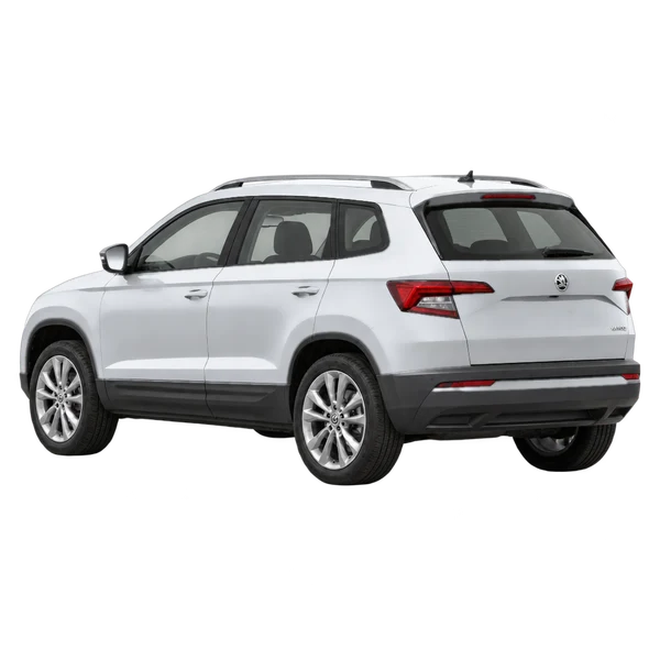 2021 Skoda Karoq in Silber, Ansicht: Dreiviertelansicht von hinten (nach links gerichtet)