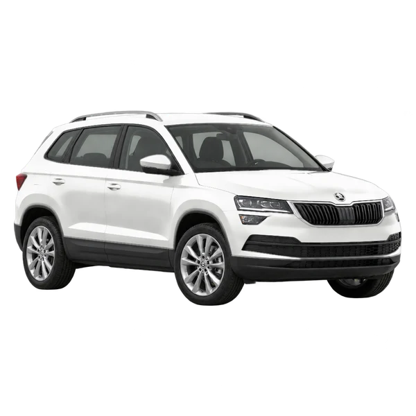 2021 Skoda Karoq in weiß, Ansicht: Dreiviertelansicht vorne (nach links gerichtet)