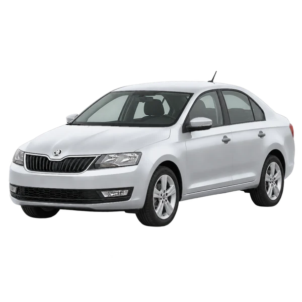 シルバーの2019 Skoda Rapid（フロントスリークォーター(左向き)ビュー）
