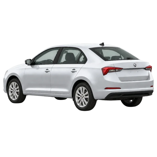 silver 2021 Skoda Rapid rear three-quarter (facing left) view