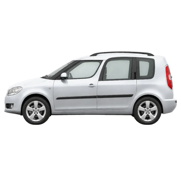 Skoda Roomster 2008 باللون فضي، منظر جانبي (متجه إلى اليسار)
