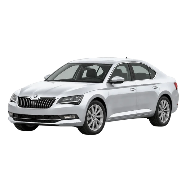 シルバーの2019 Skoda Superb（フロントスリークォーター(左向き)ビュー）