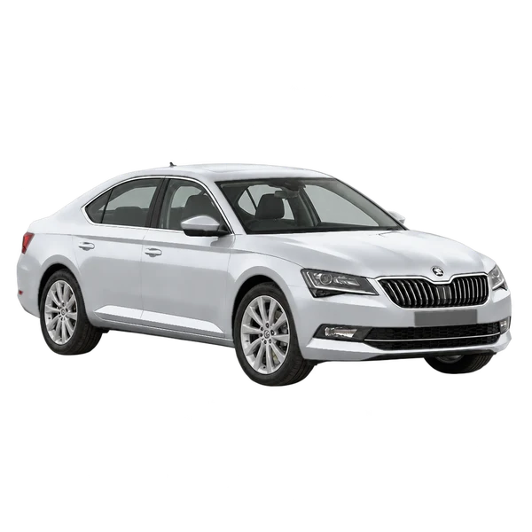 Skoda Superb 2019 prata, vista três quartos dianteiro (voltado para a direita)