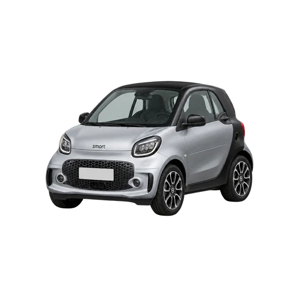 Smart Fortwo 2025 باللون فضي، منظر منظر أمامي بزاوية ثلاثة أرباع (متجه لليسار)