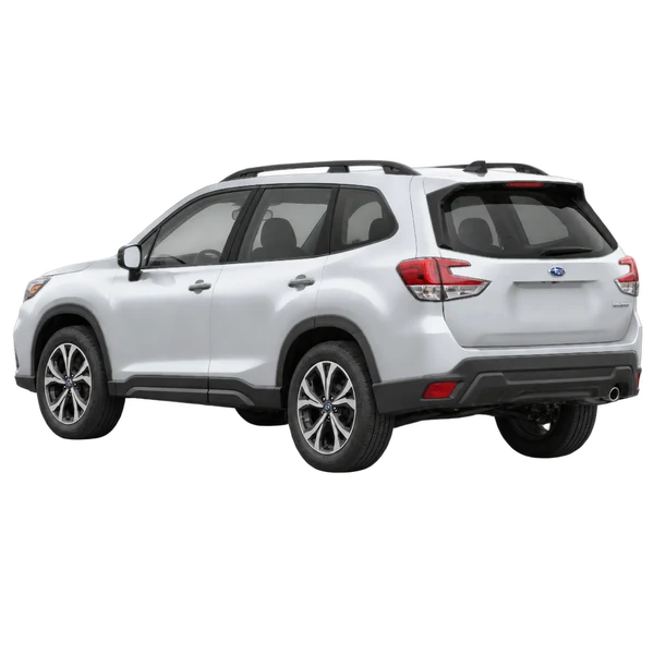 Subaru Forester 2025 باللون فضي، منظر ثلاثة أرباع خلفي (باتجاه اليسار)