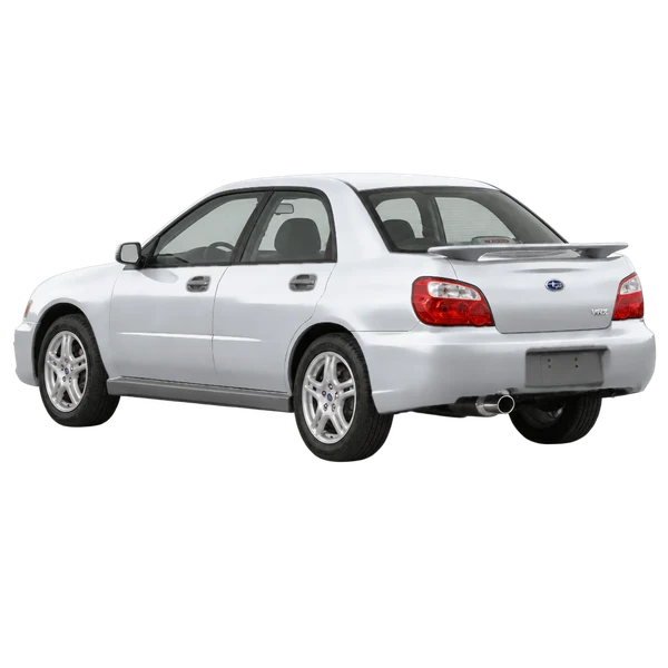 Subaru WRX 2003 باللون فضي، منظر ثلاثة أرباع خلفي (باتجاه اليسار)