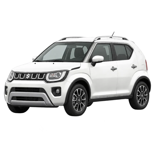 Suzuki Ignis 2025 باللون أبيض، منظر منظر أمامي بزاوية ثلاثة أرباع (متجه لليسار)