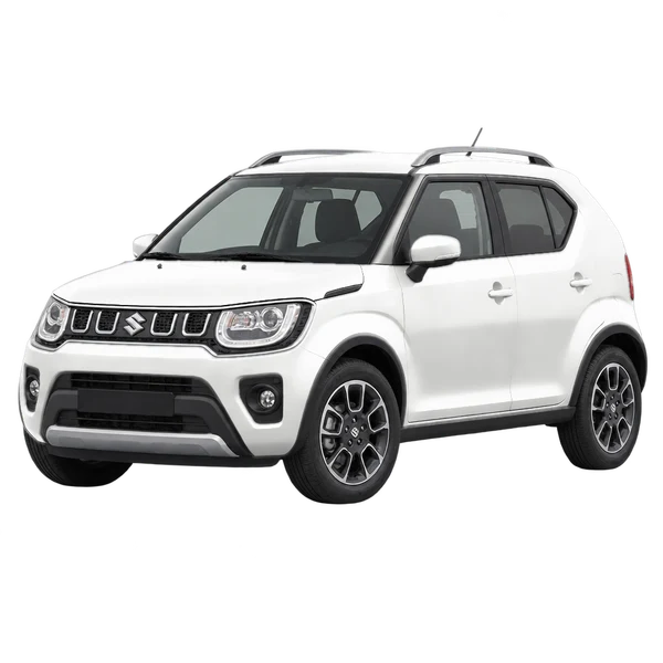 Suzuki Ignis 2026 باللون أبيض، منظر منظر أمامي بزاوية ثلاثة أرباع (متجه لليسار)