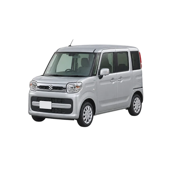 Suzuki Spacia 2021 باللون فضي، منظر منظر أمامي بزاوية ثلاثة أرباع (متجه لليسار)