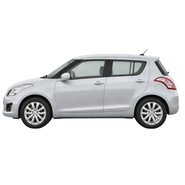 Suzuki Swift 2013 باللون فضي، منظر جانبي (متجه إلى اليسار)