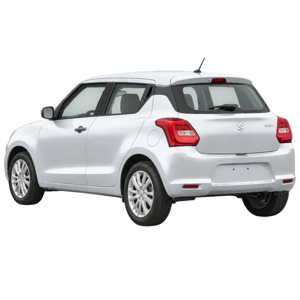 Suzuki Swift 2018 باللون فضي، منظر ثلاثة أرباع خلفي (باتجاه اليسار)