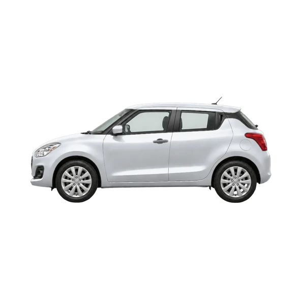 Suzuki Swift 2018 باللون فضي، منظر جانبي (متجه إلى اليسار)
