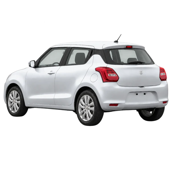 Suzuki Swift 2021 باللون فضي، منظر ثلاثة أرباع خلفي (باتجاه اليسار)