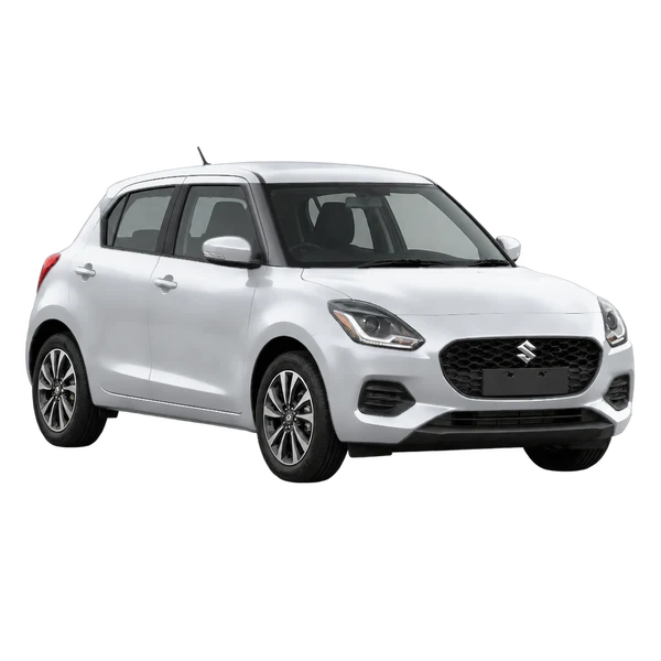 Suzuki Swift 2025 prata, vista dianteira em três quartos (voltada para a esquerda)