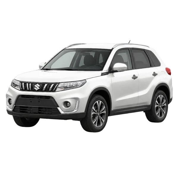 Suzuki Vitara 2026 باللون أبيض، منظر منظر أمامي بزاوية ثلاثة أرباع (متجه لليسار)