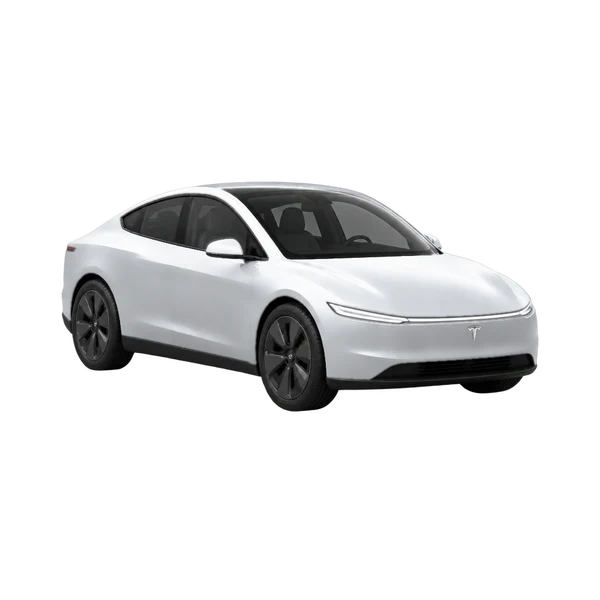 Tesla Cybercab 2026 باللون فضي، منظر زاوية ثلاثة أرباع أمامية (باتجاه اليمين)