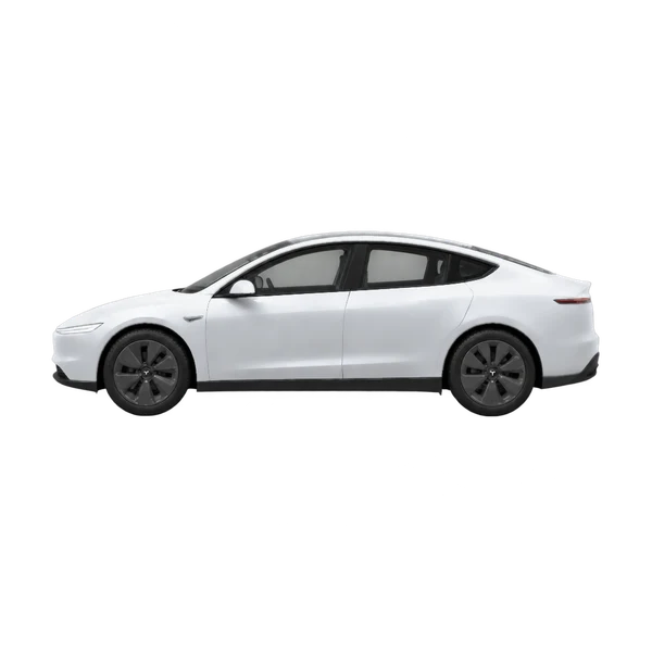 Tesla Cybercab 2026 باللون فضي، منظر جانبي (متجه إلى اليسار)