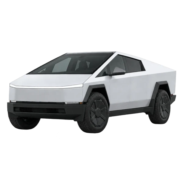 Tesla Cybertruck 2024 باللون فضي، منظر منظر أمامي بزاوية ثلاثة أرباع (متجه لليسار)