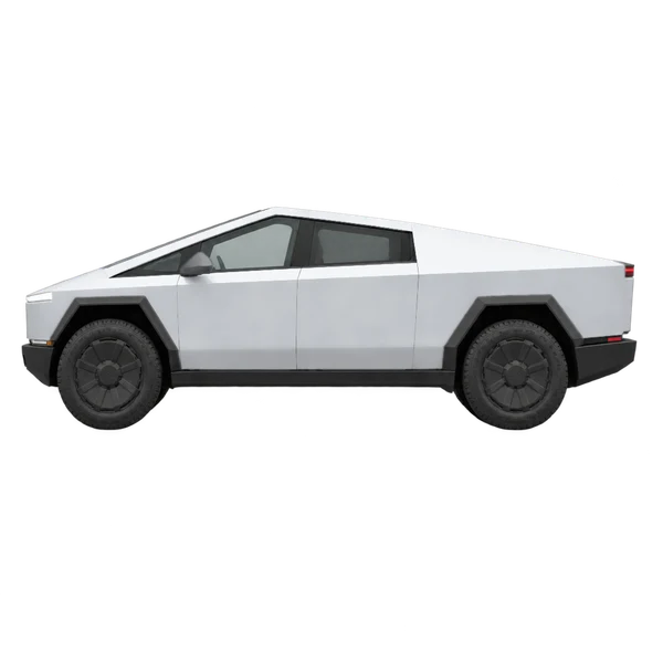 Tesla Cybertruck 2026 en plateado, vista lateral (mirando a la izquierda)