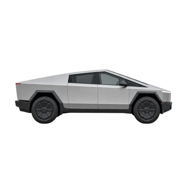 Tesla Cybertruck 2026 en plateado, vista lateral (hacia la derecha)