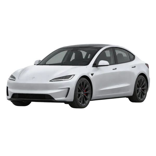 Tesla Model 3 Performance AWD 2027 باللون فضي، منظر منظر أمامي بزاوية ثلاثة أرباع (متجه لليسار)