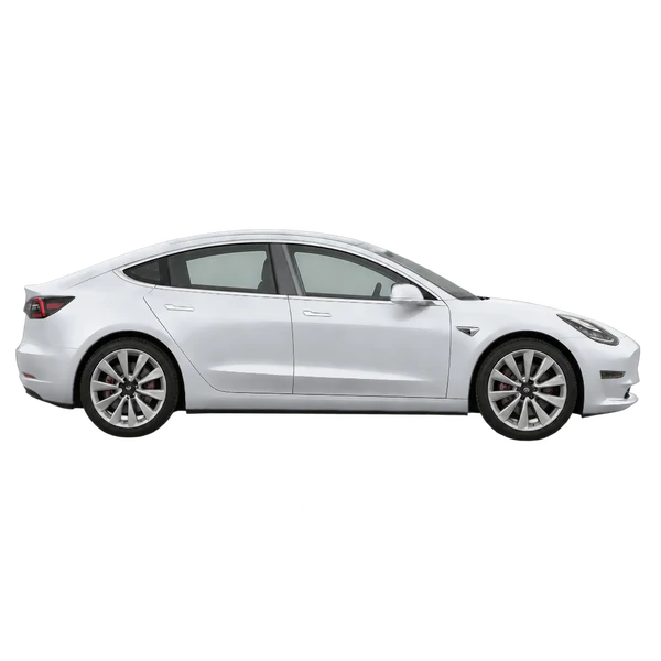 Tesla Model 3 2020 باللون فضي، منظر منظر جانبي (باتجاه اليمين)